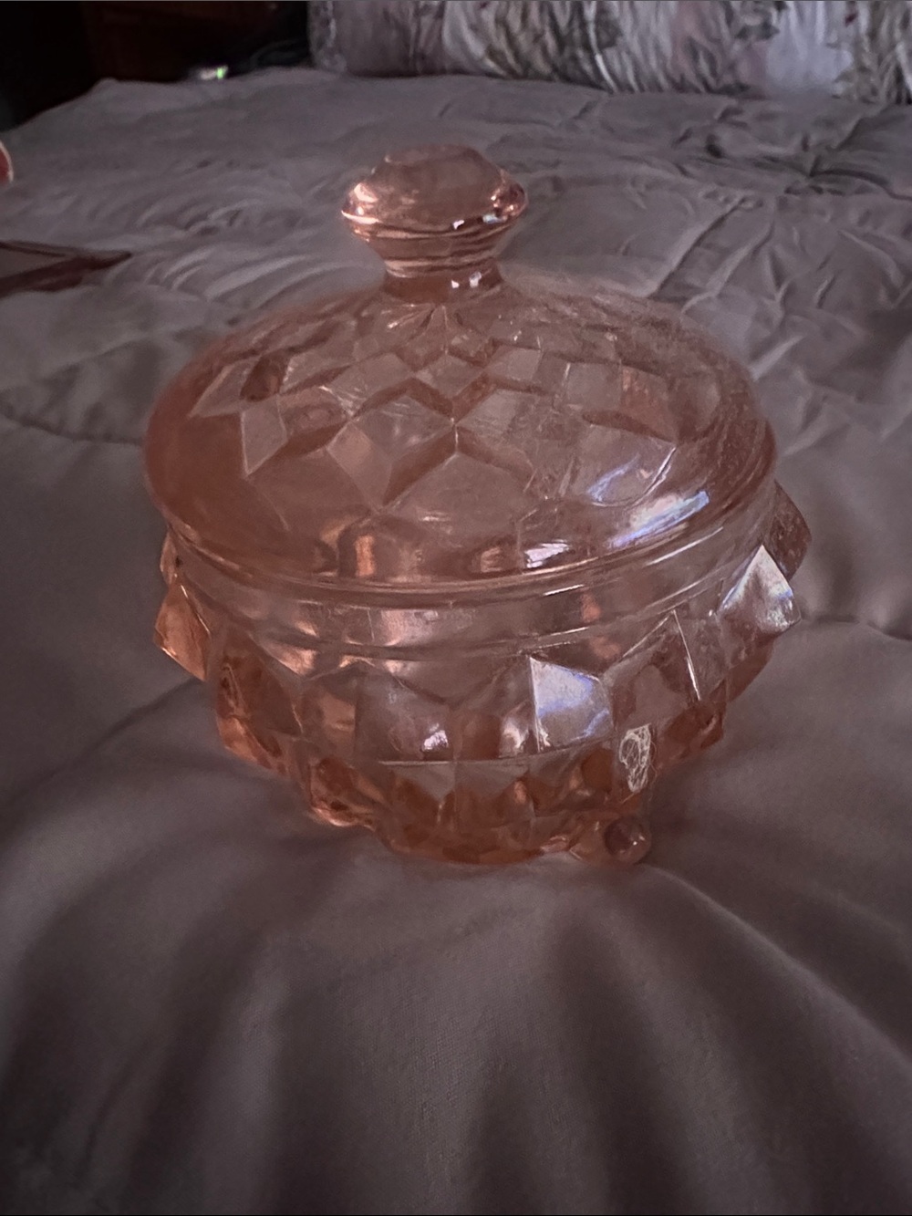 Pink Depression Glass footed jar w lid